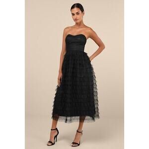 Lulus Immensely Exquisite Black Tulle Strapless Tiered Midi Dress - Size S nwt